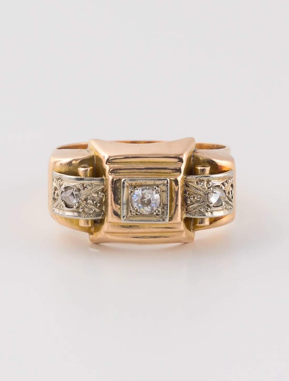Bague Tank Ancienne Or Rose & Diamants