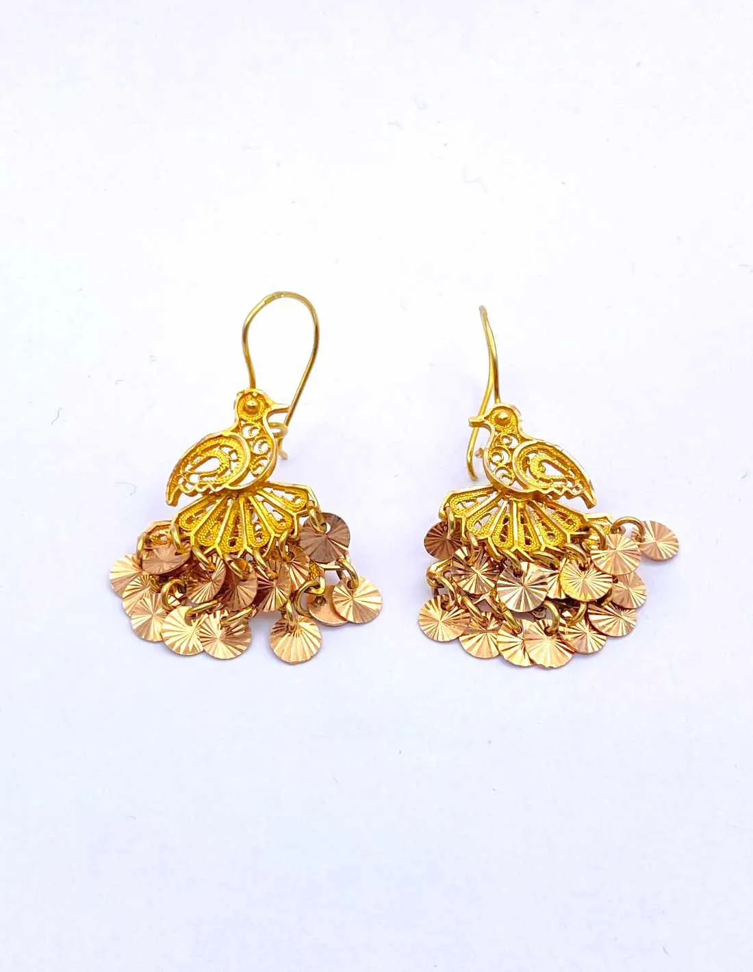 Boucles d' Oreilles Oiseaux à Pendeloques Or Jaune et Rose