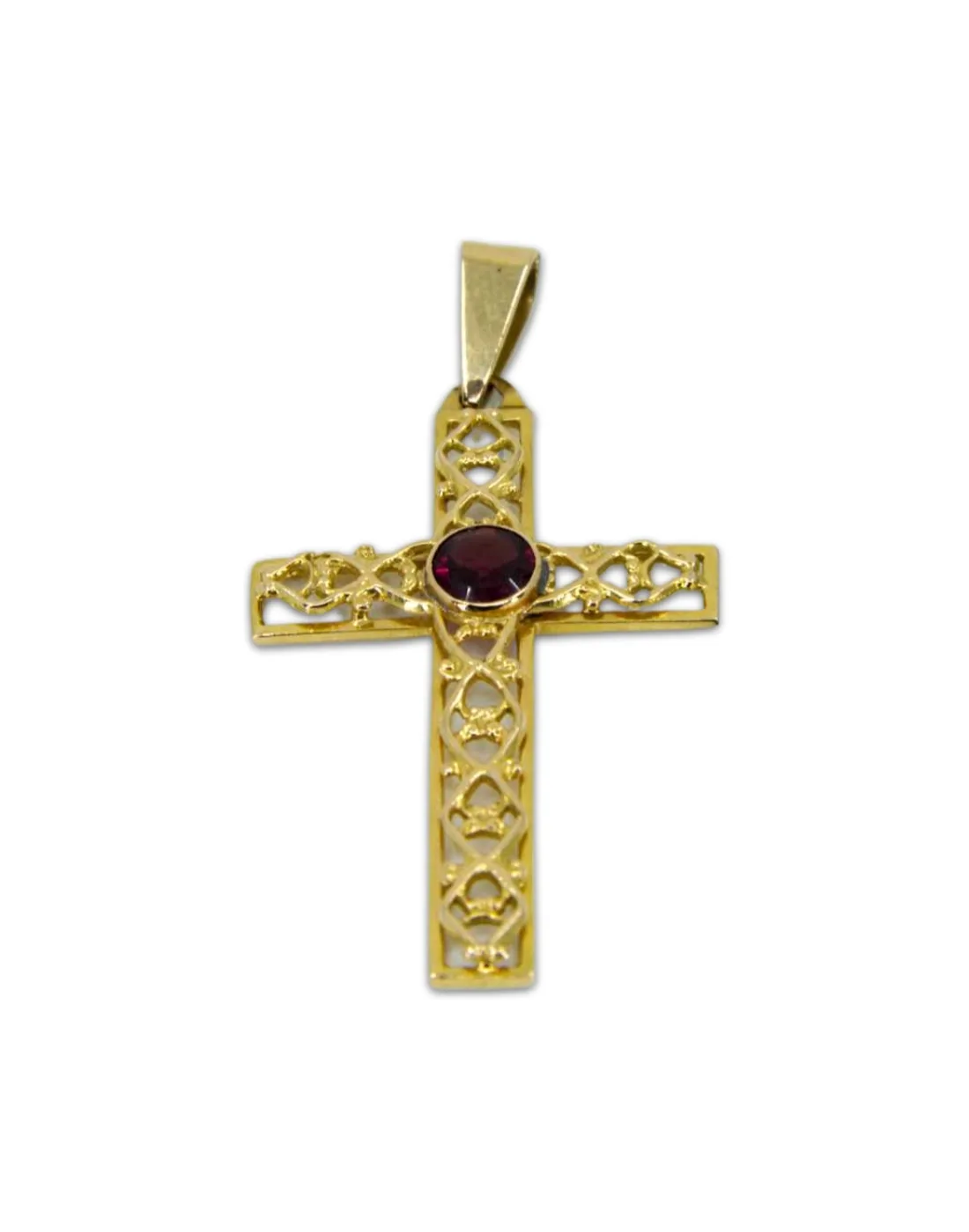 Pendentif Crucifix Vintage Or Jaune & Grenat