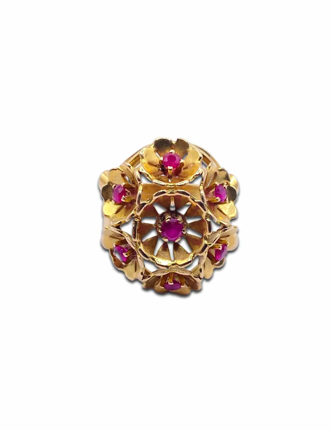 Bague Vintage Panier Fleurs Or Jaune 18K & Rubis