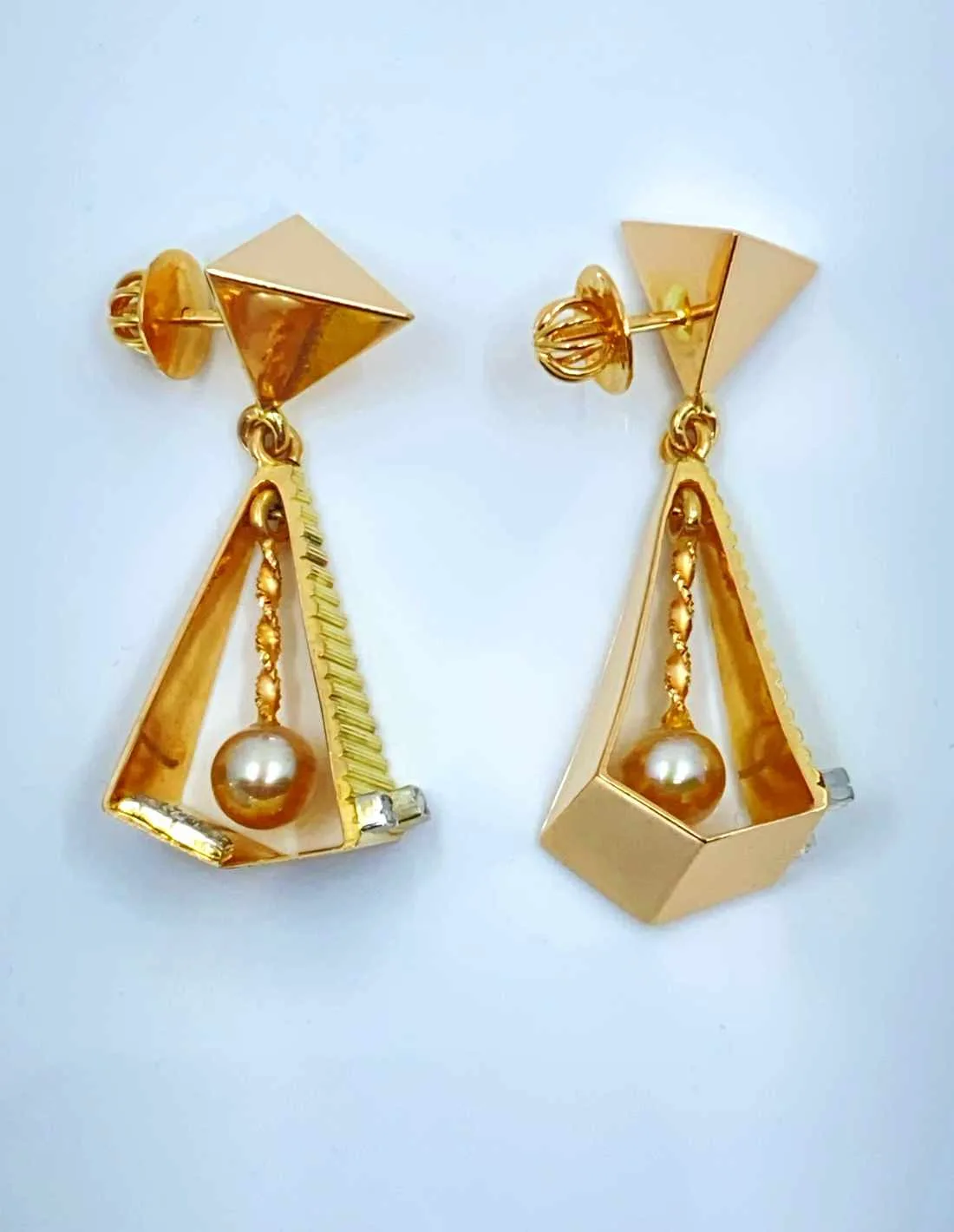 Boucles d'Oreilles Vintage Or, Diamants & Perles