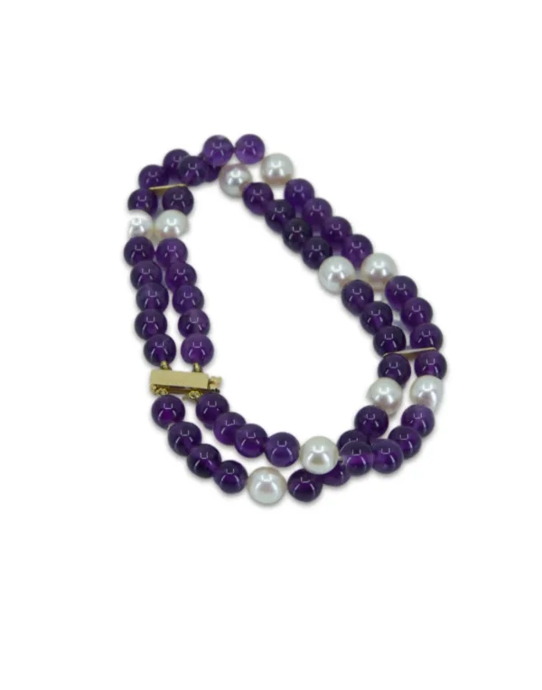 Bracelet or avec billes d'améthyste et perles de culture