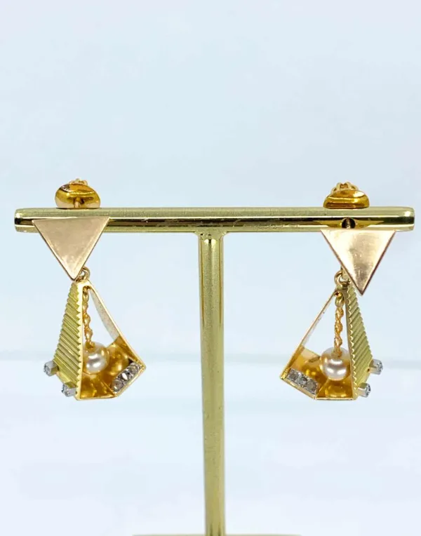 Boucles d'Oreilles Vintage Or, Diamants & Perles