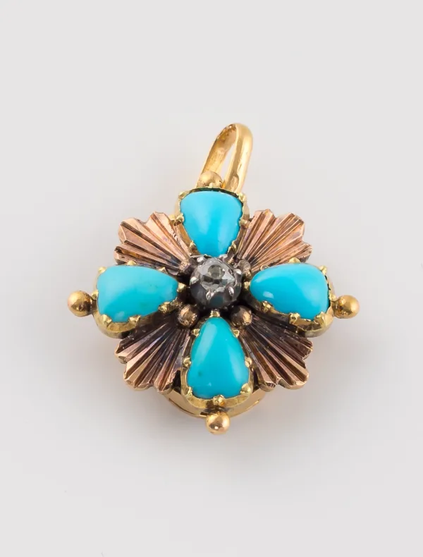 Pendentif Or Jaune, Turquoises & Diamant