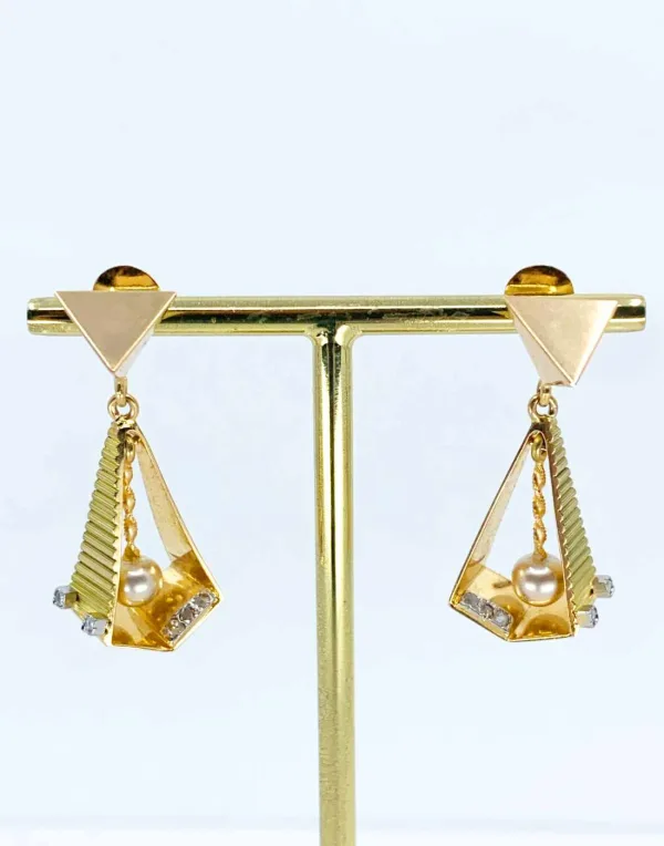 Boucles d'Oreilles Vintage Or, Diamants & Perles
