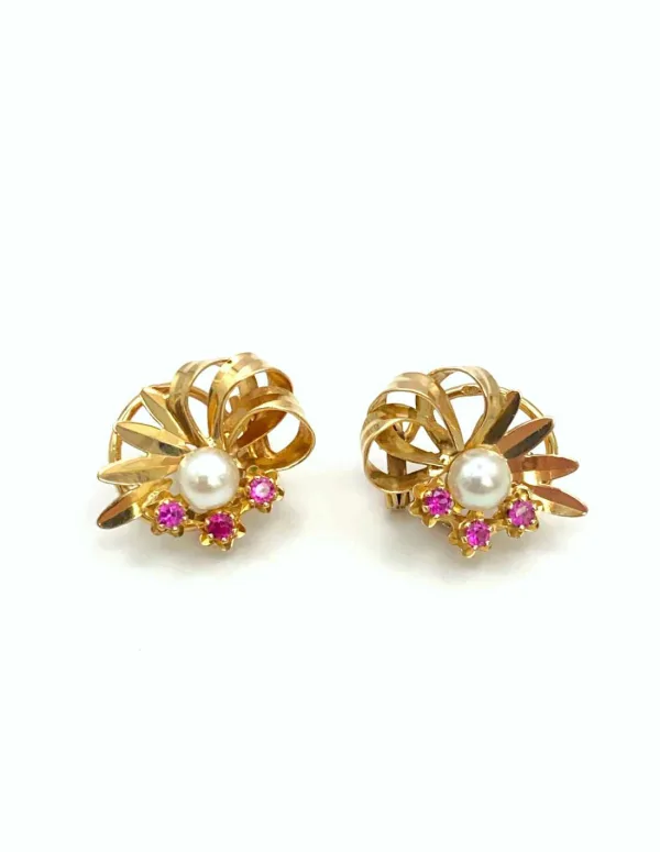 Paire Boucles d'Oreilles Or 18K, Perles & Rubis