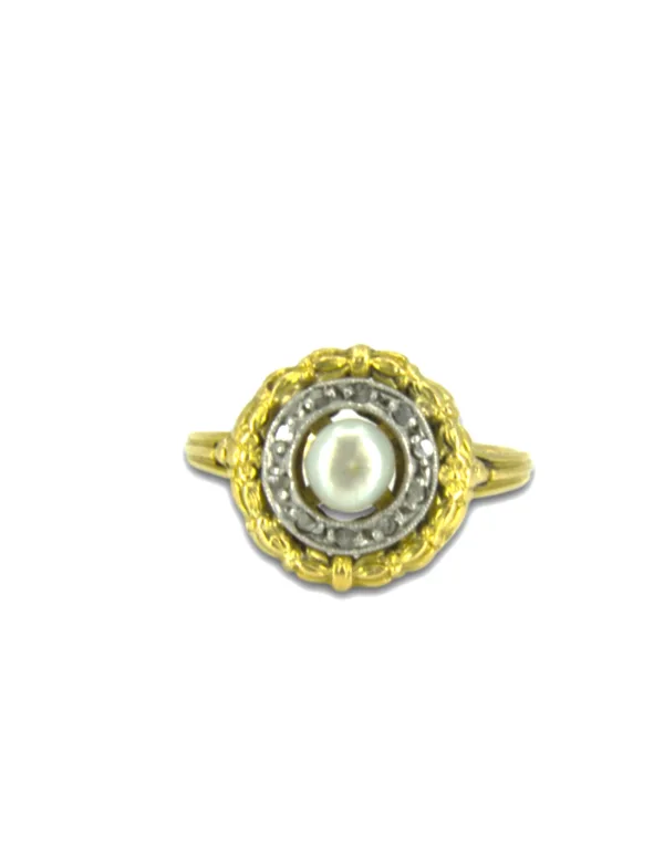Bague Vintage 2 Ors, Perle Naturelle & Diamants