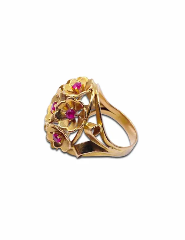 Bague Vintage Panier Fleurs Or Jaune 18K & Rubis