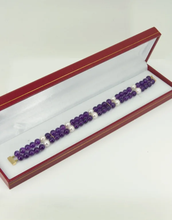 Bracelet or avec billes d'améthyste et perles de culture