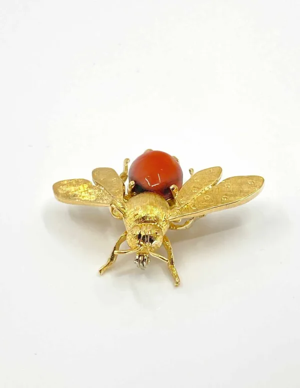 Broche Vintage Abeille Or Jaune & Corail