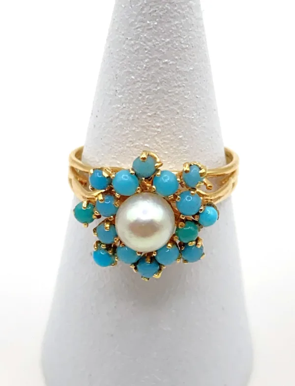 Bague Marguerite vintage turquoise avec perles