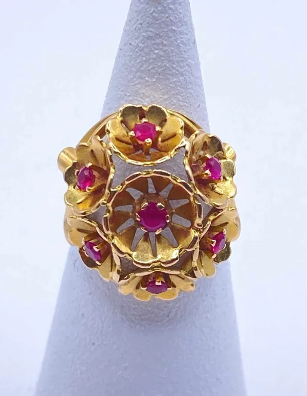 Bague Vintage Panier Fleurs Or Jaune 18K & Rubis