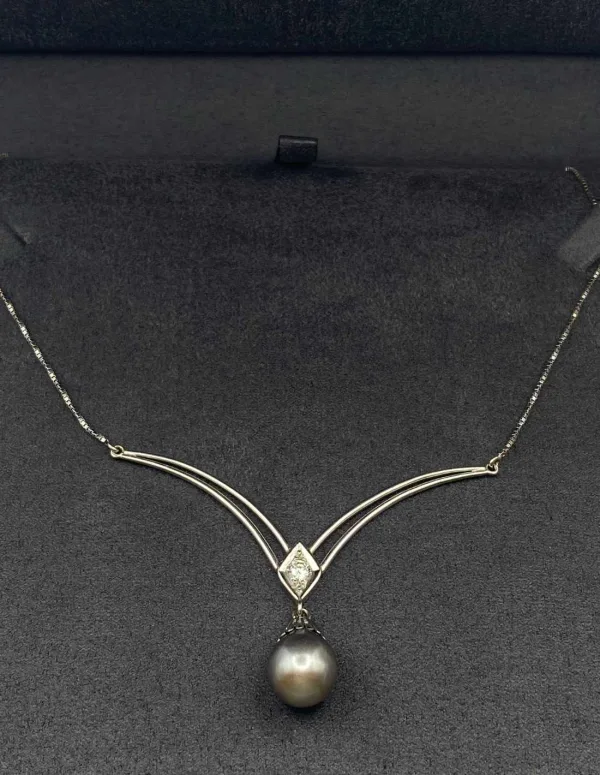 Collier Pendentif Or Blanc 18K, Diamant & Perle