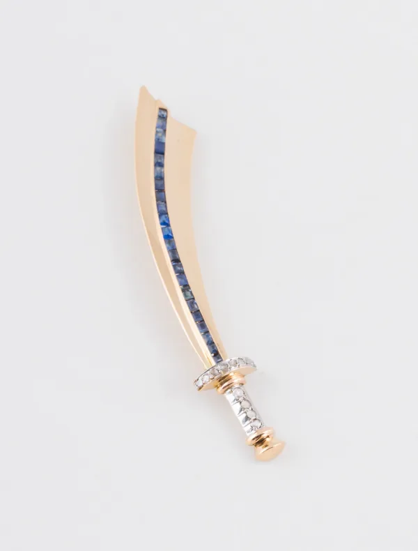 Broche Sabre 0r Jaune, Or Rose, Platine, Saphirs & Diamants