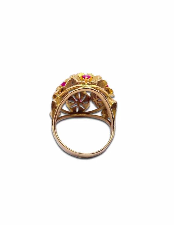 Bague Vintage Panier Fleurs Or Jaune 18K & Rubis
