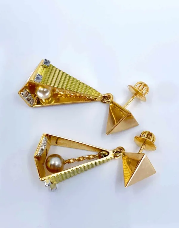 Boucles d'Oreilles Vintage Or, Diamants & Perles