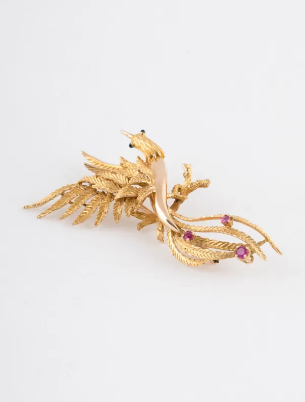 Broche Oiseau Fantastique Or Jaune & Rubis