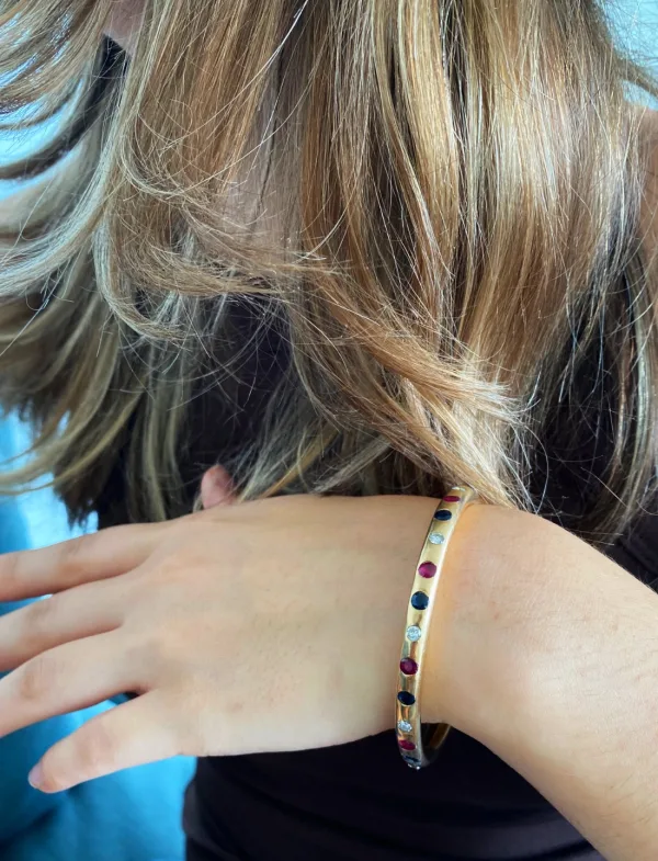 Bracelet Jonc Massif Or Diamants, Rubis & Saphirs