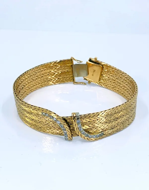 Bracelet Vintage Mailles Chevrons Or et Diamants