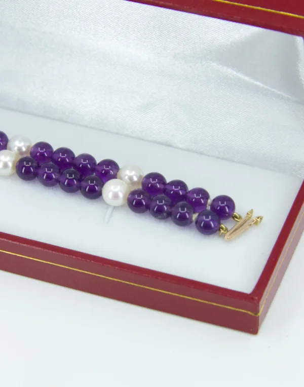 Bracelet or avec billes d'améthyste et perles de culture