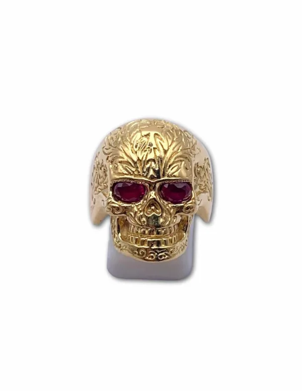Bague Chevalière Tête de Mort Or Jaune & Rubis