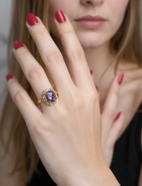 Bague Panier Ciselé Or Jaune & Amethyste