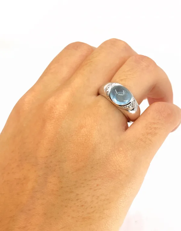 Bague Jonc Or blanc Aigue Marine & Diamants