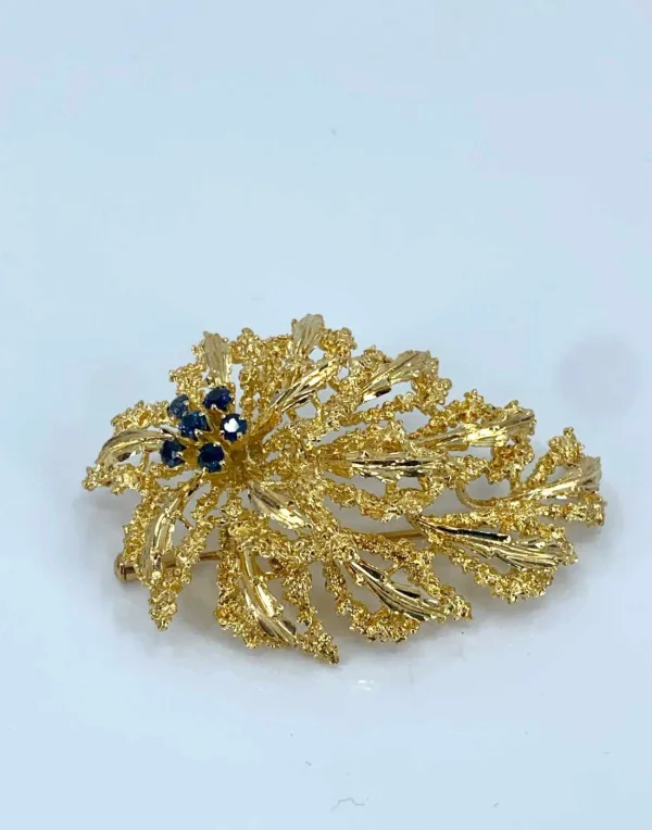 Broche Feuille Or Jaune & Saphirs