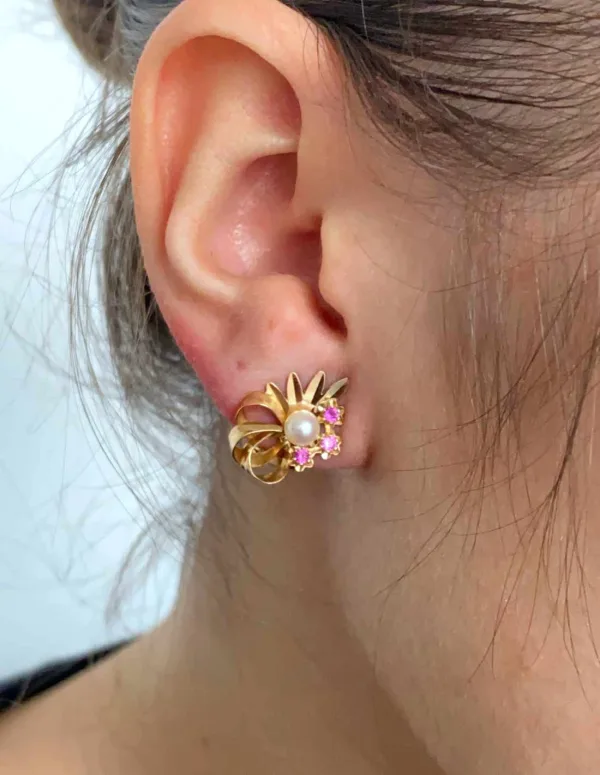 Paire Boucles d'Oreilles Or 18K, Perles & Rubis