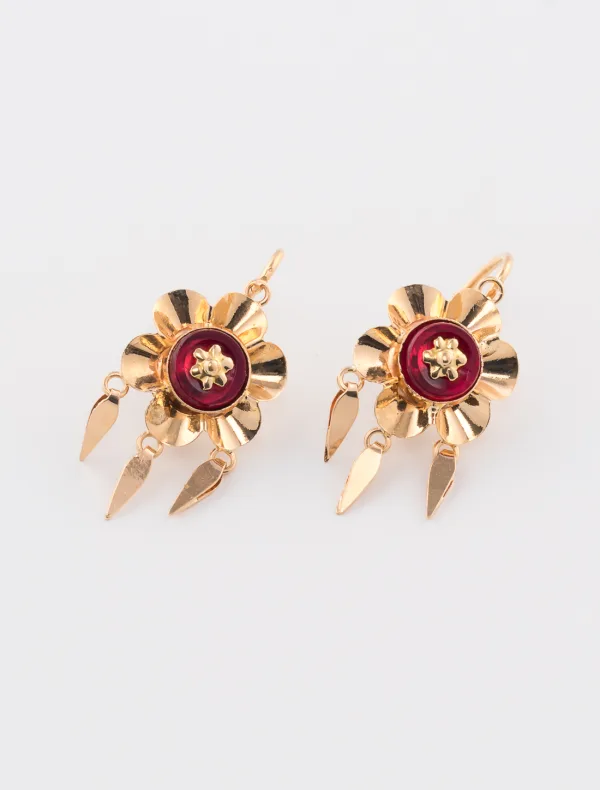 Boucles d'Oreilles Pierre Rouge & Or jaune