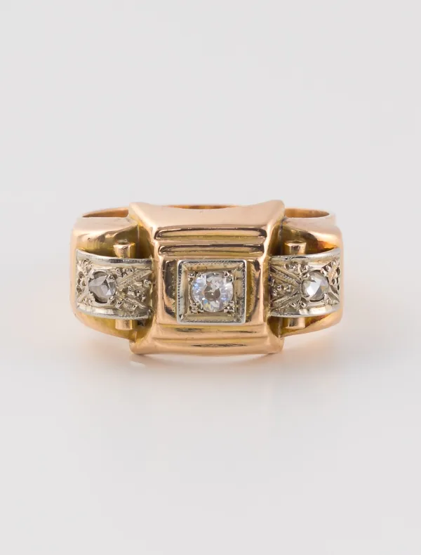 Bague Tank Ancienne Or Rose & Diamants