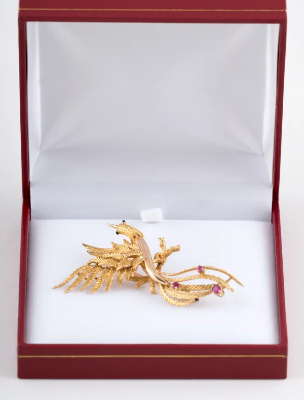 Broche Oiseau Fantastique Or Jaune & Rubis