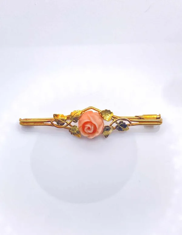 Broche Art Nouveau Or Jaune & Corail