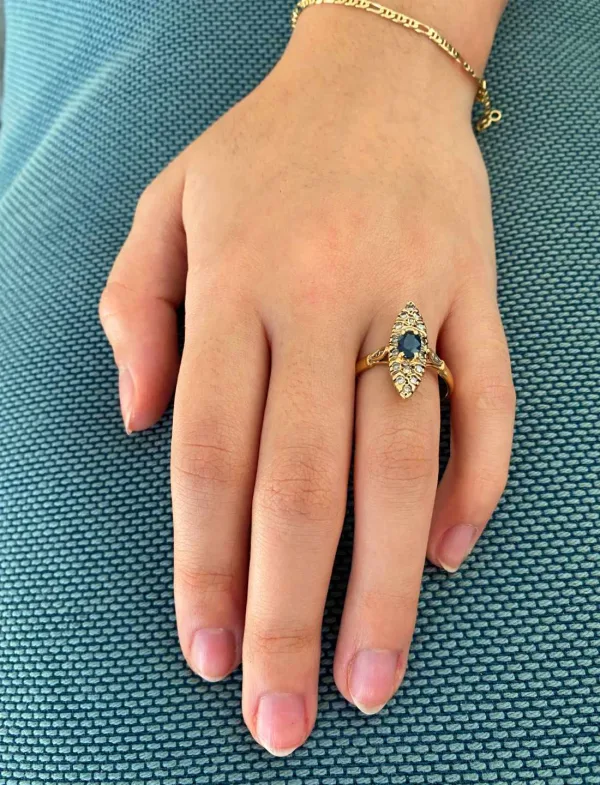 Bague Marquise Or Jaune, Saphir & Diamants