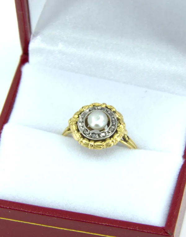 Bague Vintage 2 Ors, Perle Naturelle & Diamants