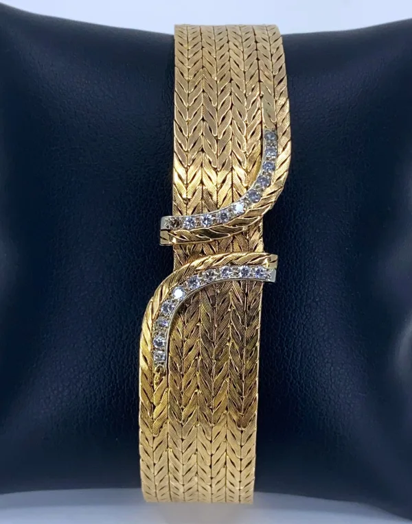 Bracelet Vintage Mailles Chevrons Or et Diamants
