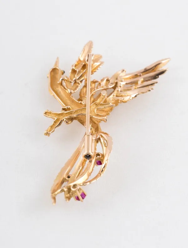 Broche Oiseau Fantastique Or Jaune & Rubis