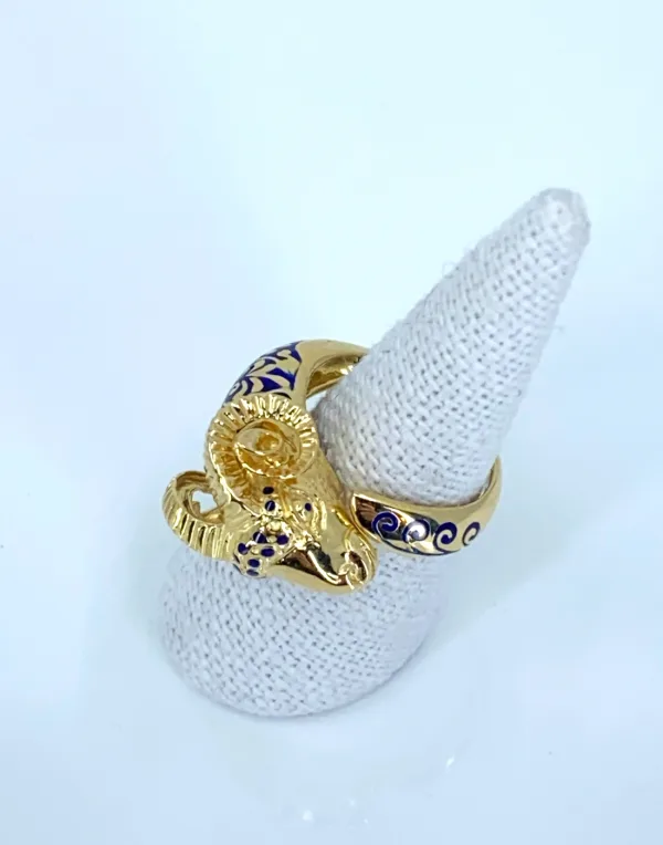 Bague Tête de Bélier Or Jaune & Email Bleu