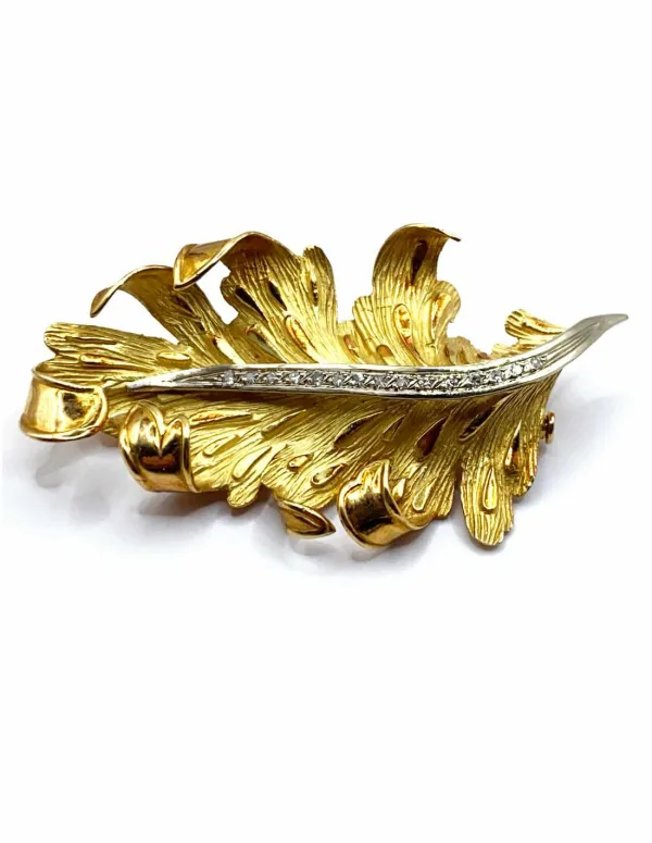 Broche Feuille Vintage Or et Diamants