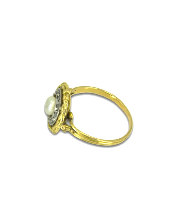 Bague Vintage 2 Ors, Perle Naturelle & Diamants