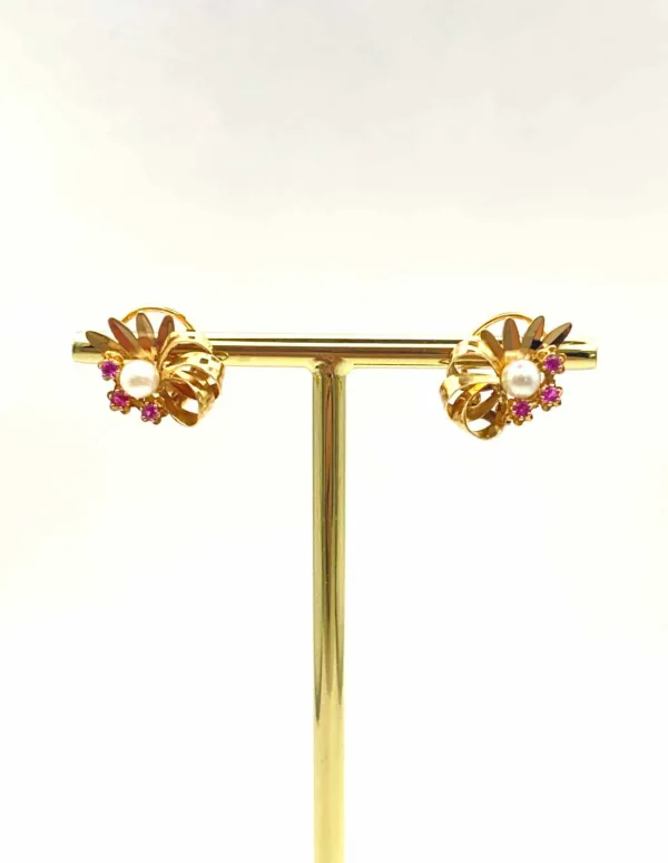 Paire Boucles d'Oreilles Or 18K, Perles & Rubis