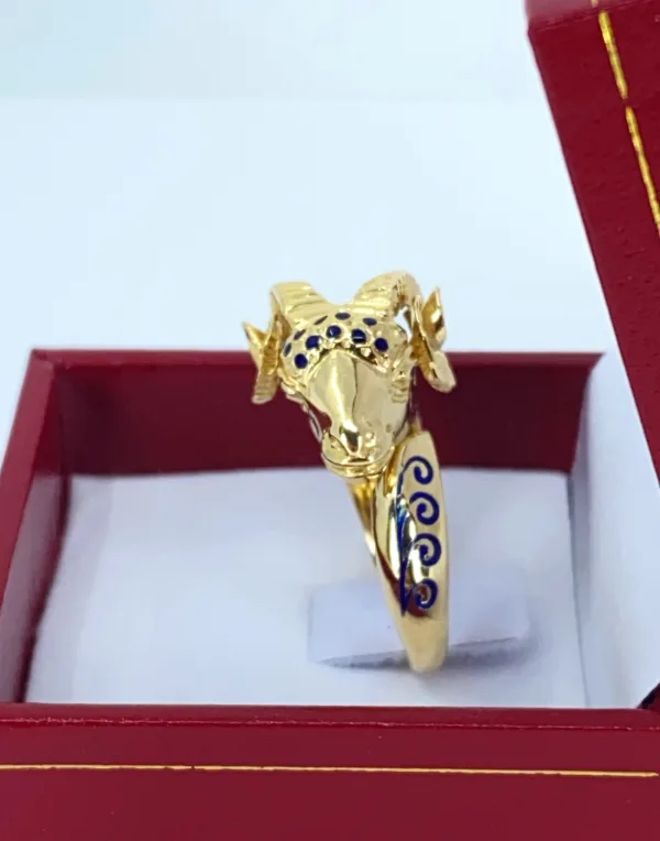 Bague Tête de Bélier Or Jaune & Email Bleu