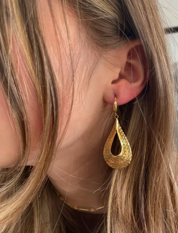 Boucles d'Oreilles Or Jaune Gouttes Filigranées