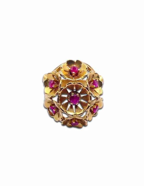 Bague Vintage Panier Fleurs Or Jaune 18K & Rubis