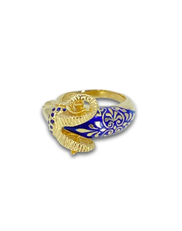 Bague Tête de Bélier Or Jaune & Email Bleu