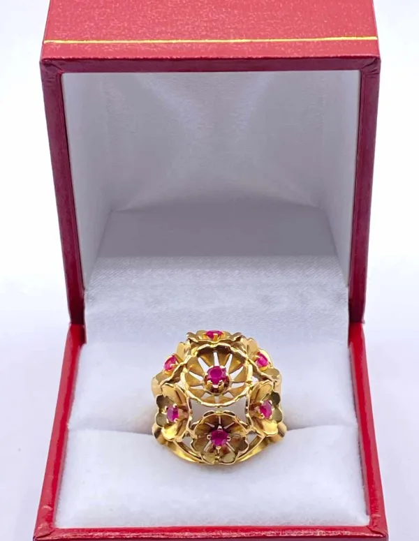 Bague Vintage Panier Fleurs Or Jaune 18K & Rubis