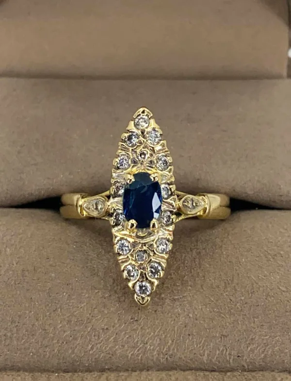 Bague Marquise Or Jaune, Saphir & Diamants