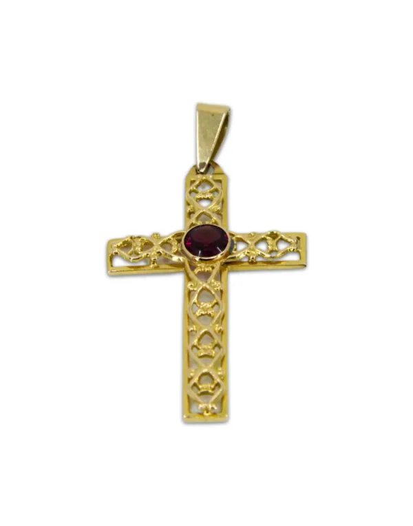 Pendentif Crucifix Vintage Or Jaune & Grenat