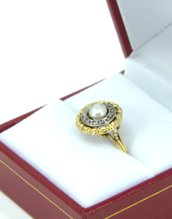 Bague Vintage 2 Ors, Perle Naturelle & Diamants
