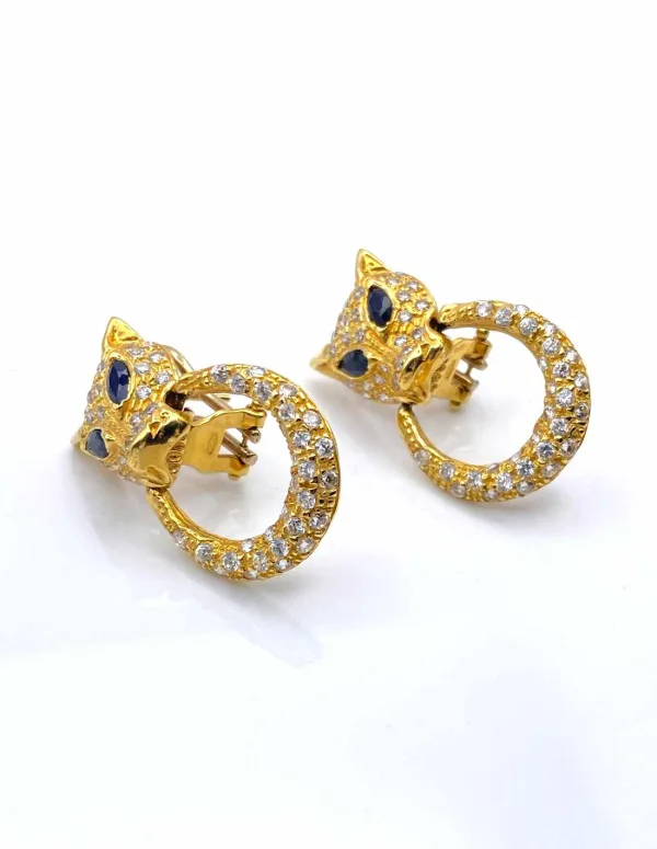 Boucles d'Oreilles Léopard Or Jaune, Saphirs & Zircons